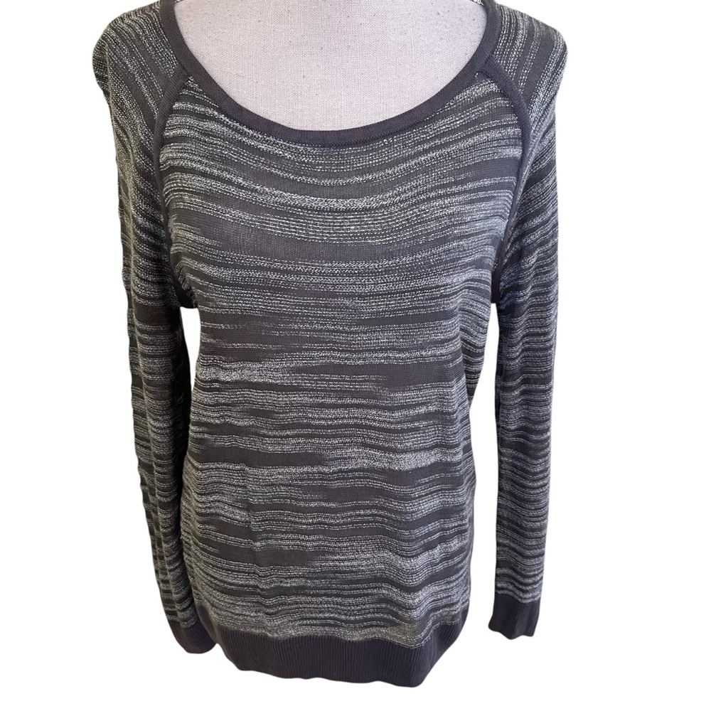 Loft Grey/White Space Dyed Relaxed Fit 3/4 Sleeve Scoop Neck Sweater L